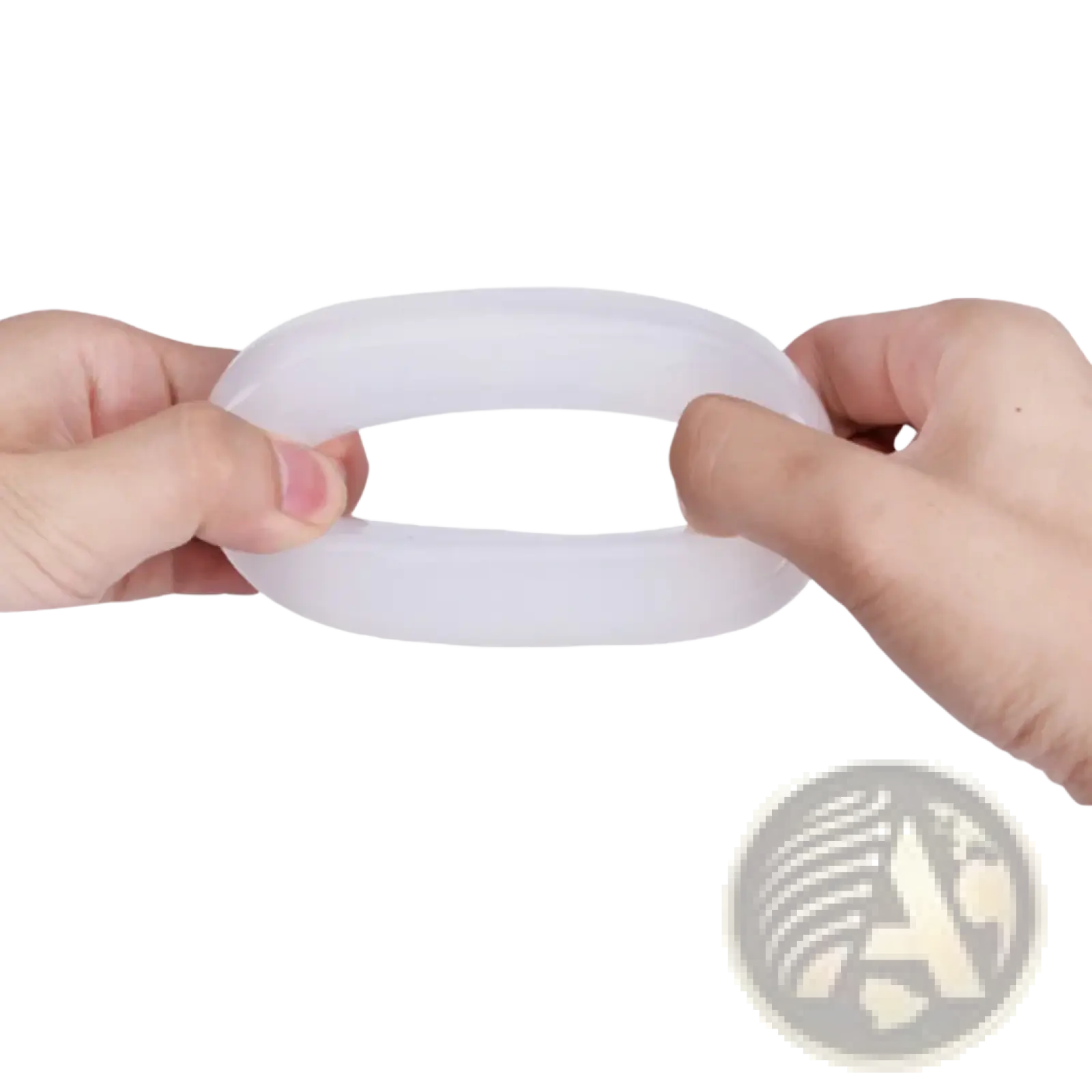 A translucent white elastic hand grip strength ring being stretched by two hands for wrist training