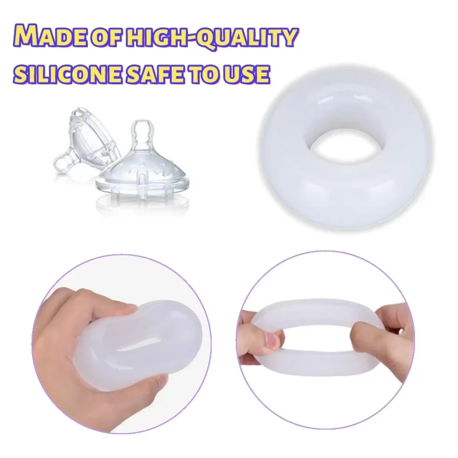 Transparent silicone baby bottle nipple shield with a soft flexible design for safe use alongside hand grip strength ring and wrist trainer