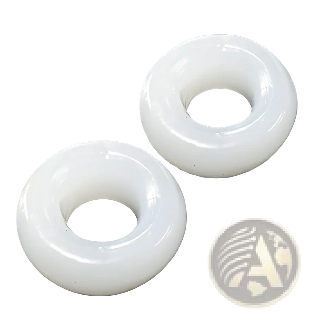 Two glossy white hand grip strength rings with smooth surfaces and rounded edges for wrist training and exercise