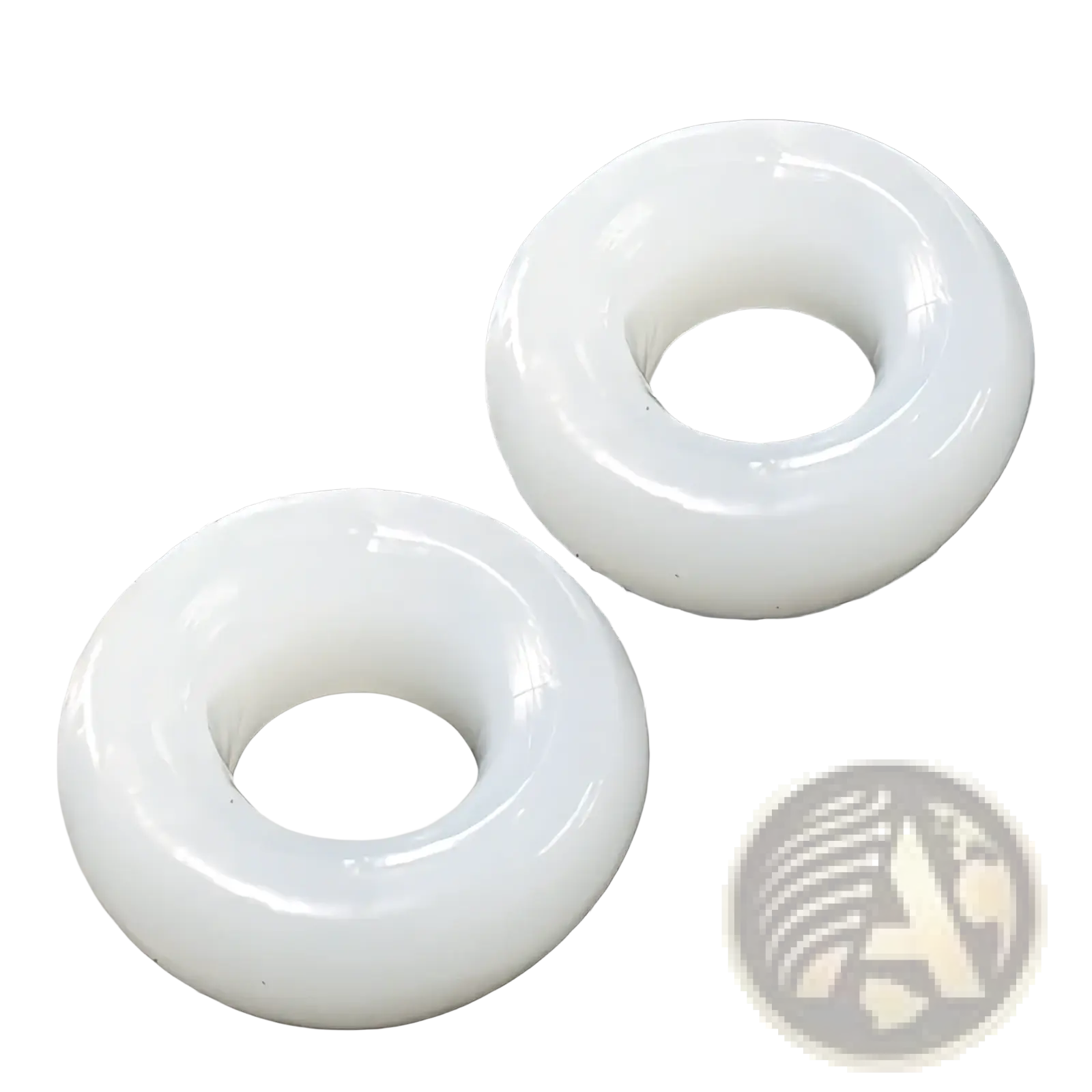 Two glossy white hand grip strength rings with smooth surfaces and rounded edges for wrist training and exercise