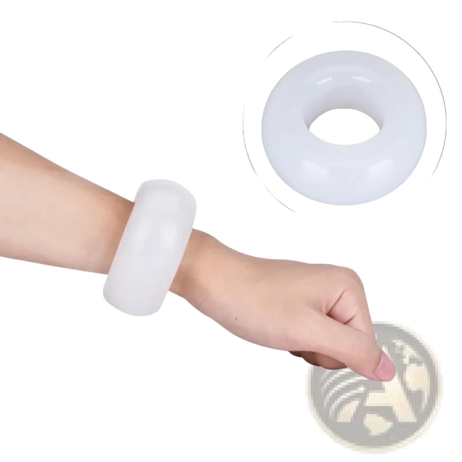 White smooth circular hand grip strength ring wrist trainer worn on a hand for grip and wrist strengthening