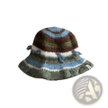 Hand knitted colorful fisherman hat with horizontal brown blue green and white stripes and frayed tassels on brim