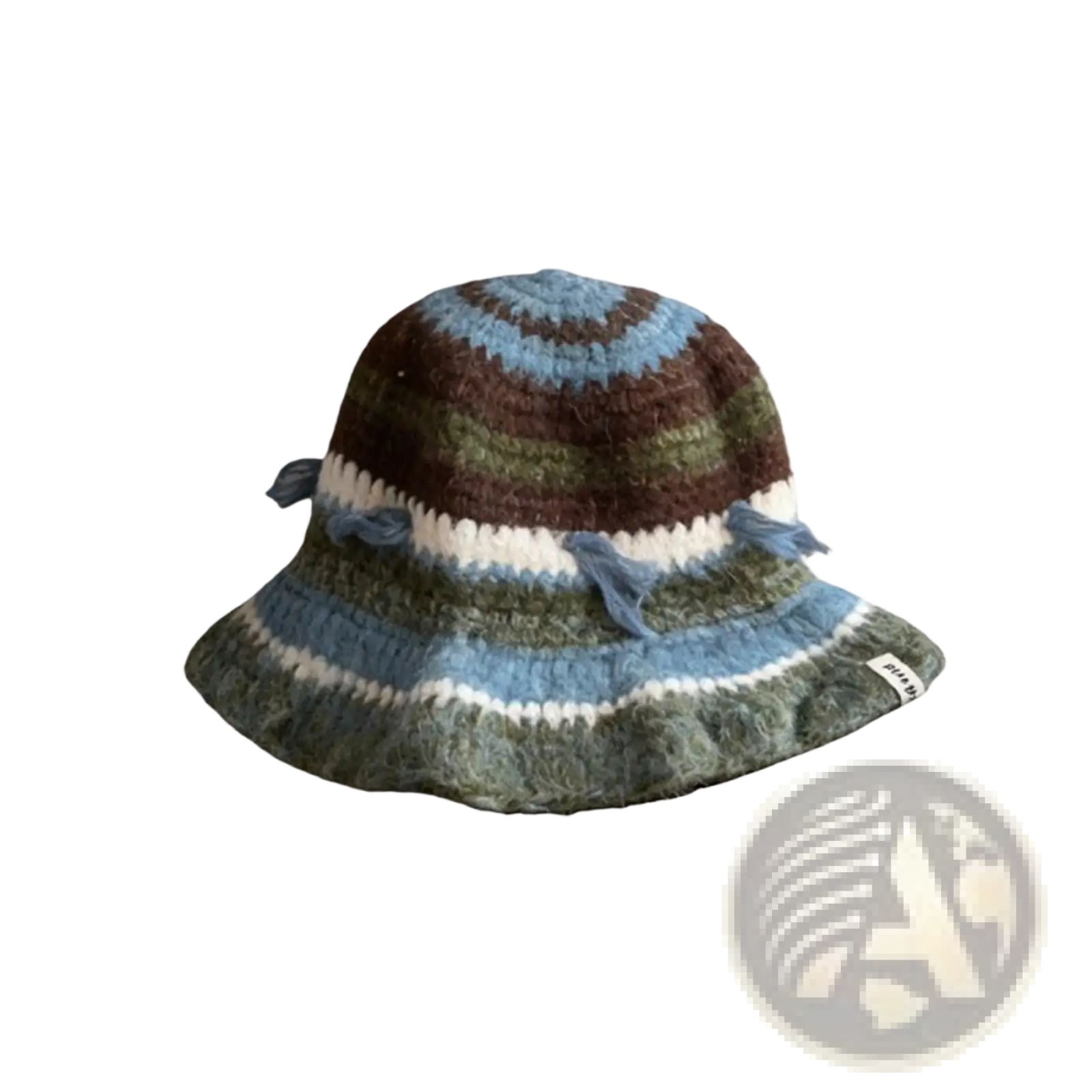 Hand knitted colorful fisherman hat with horizontal brown blue green and white stripes and frayed tassels on brim