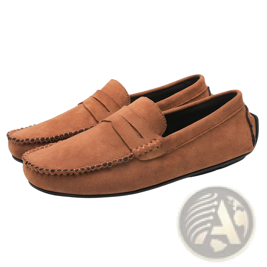 Tan suede hand-stitched loafers with classic moccasin design and black rubber soles handmade velvet shoes
