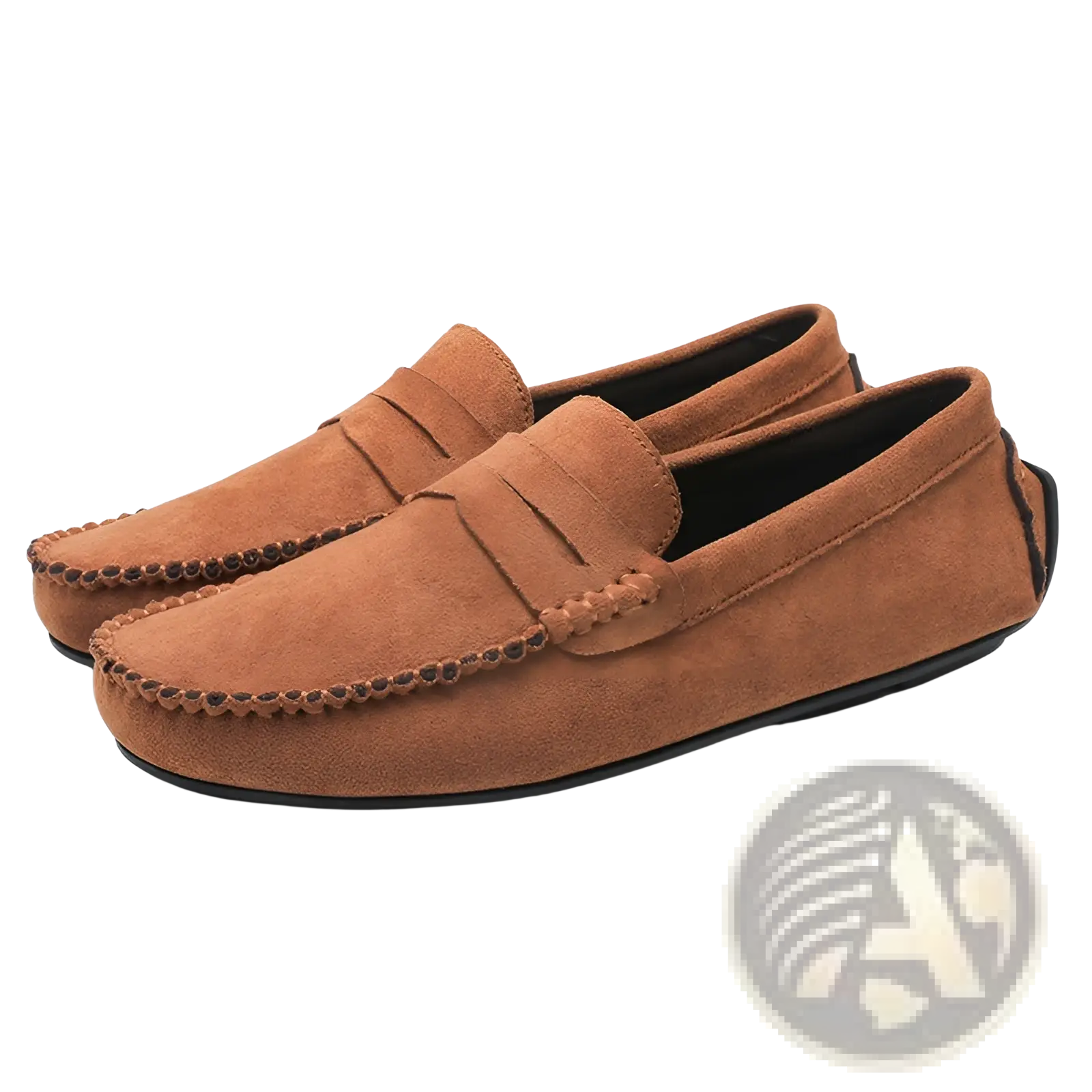 Tan suede hand-stitched loafers with classic moccasin design and black rubber soles handmade velvet shoes