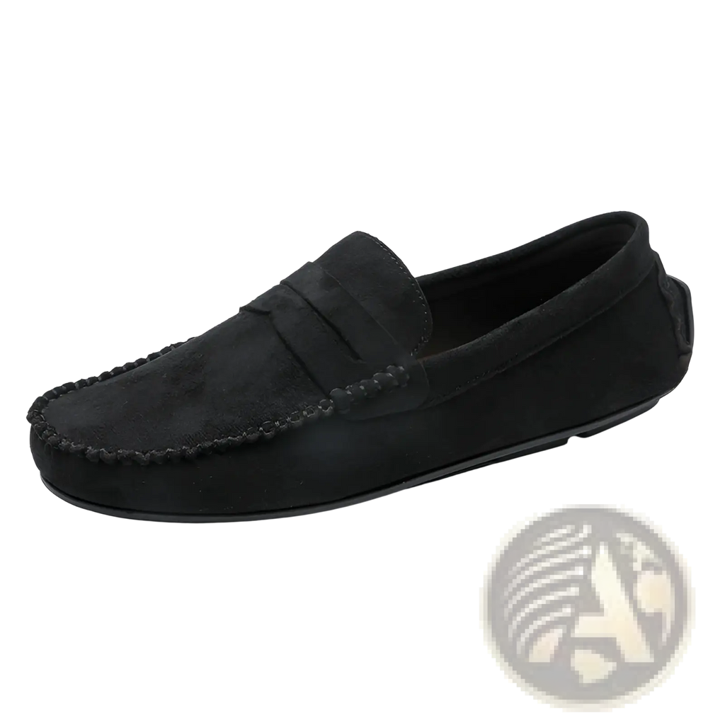 Black suede hand stitched loafers with a classic slip on design and detailed stitching for elegant velvet shoes