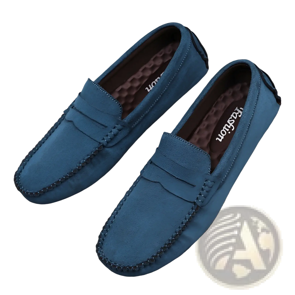 Hand-stitched blue suede loafers with stitched leather strap and dark brown lining handmade velvet shoes