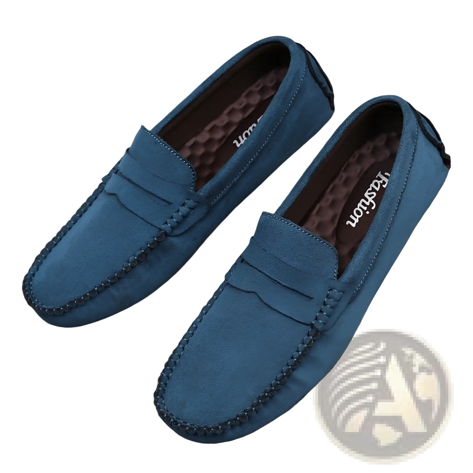 Hand-stitched blue suede loafers with stitched leather strap and dark brown lining handmade velvet shoes