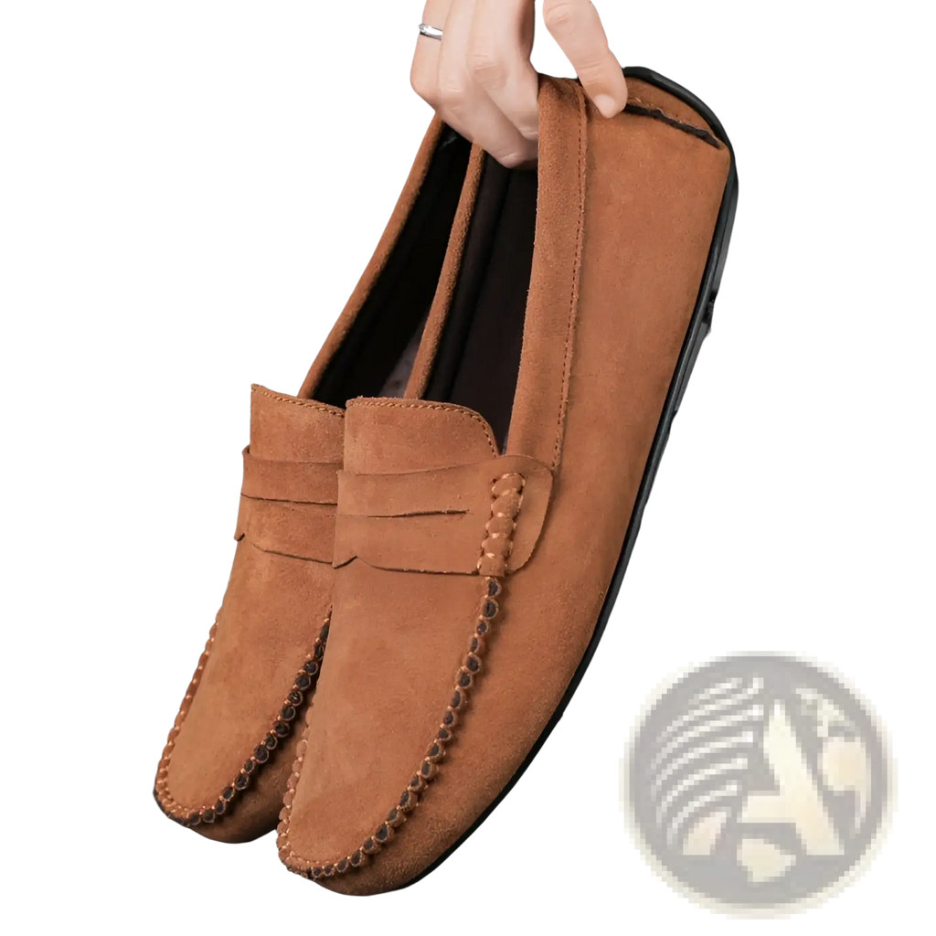 Hand-stitched brown suede loafers with stitched leather strap and decorative braided detailing on the toe