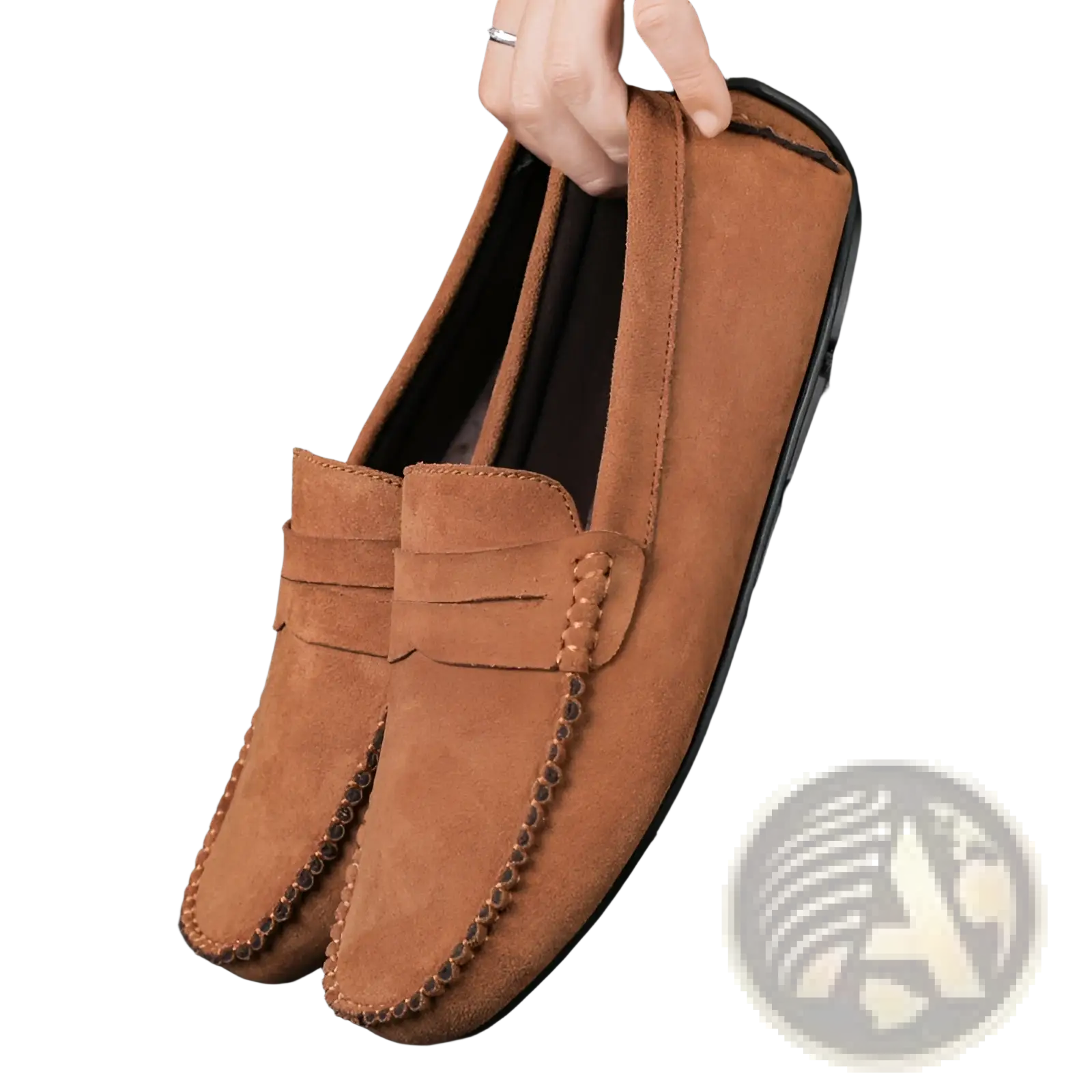Hand-stitched brown suede loafers with stitched leather strap and decorative braided detailing on the toe
