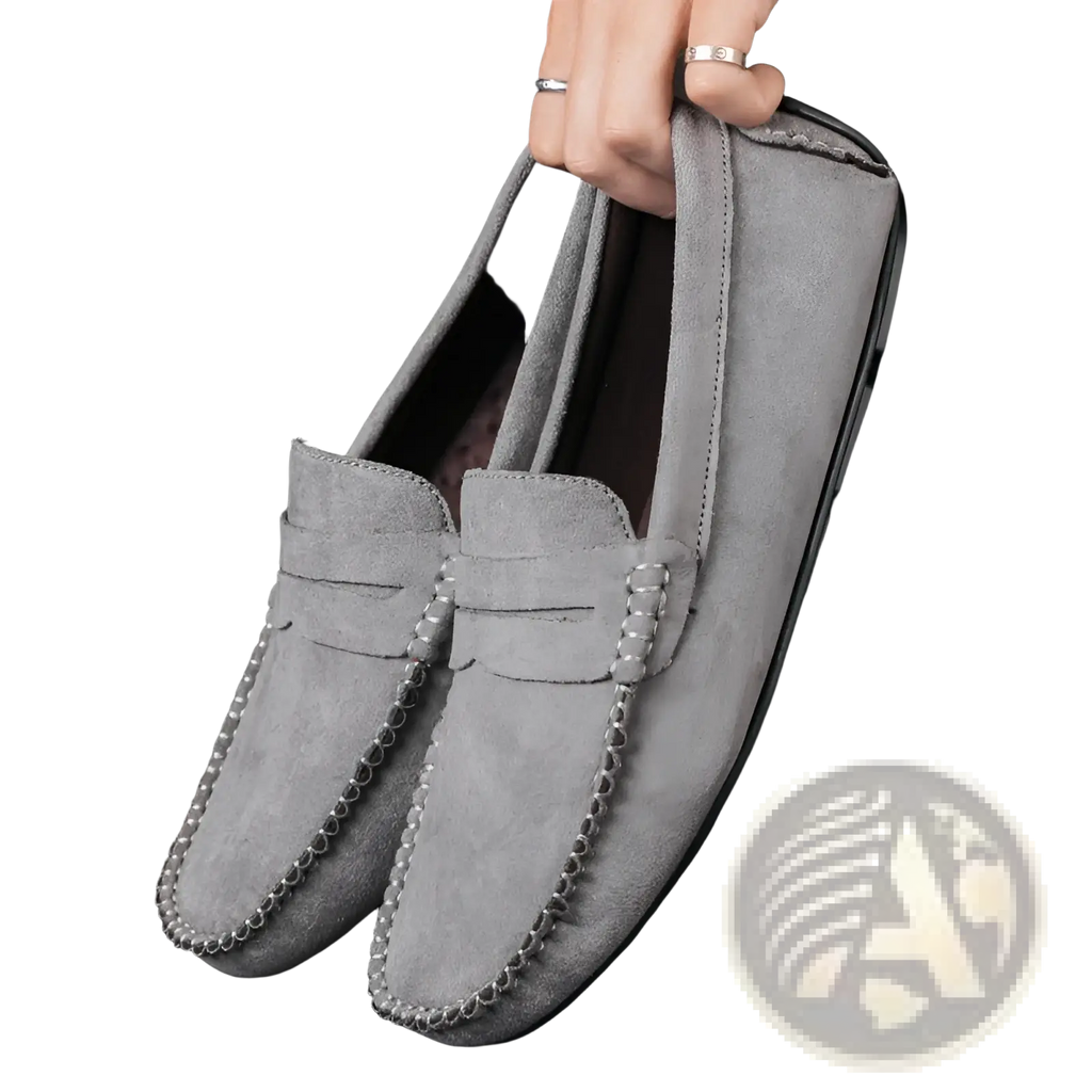 Hand-stitched gray suede loafers with stitched leather strap and silver chain detailing handmade velvet shoes