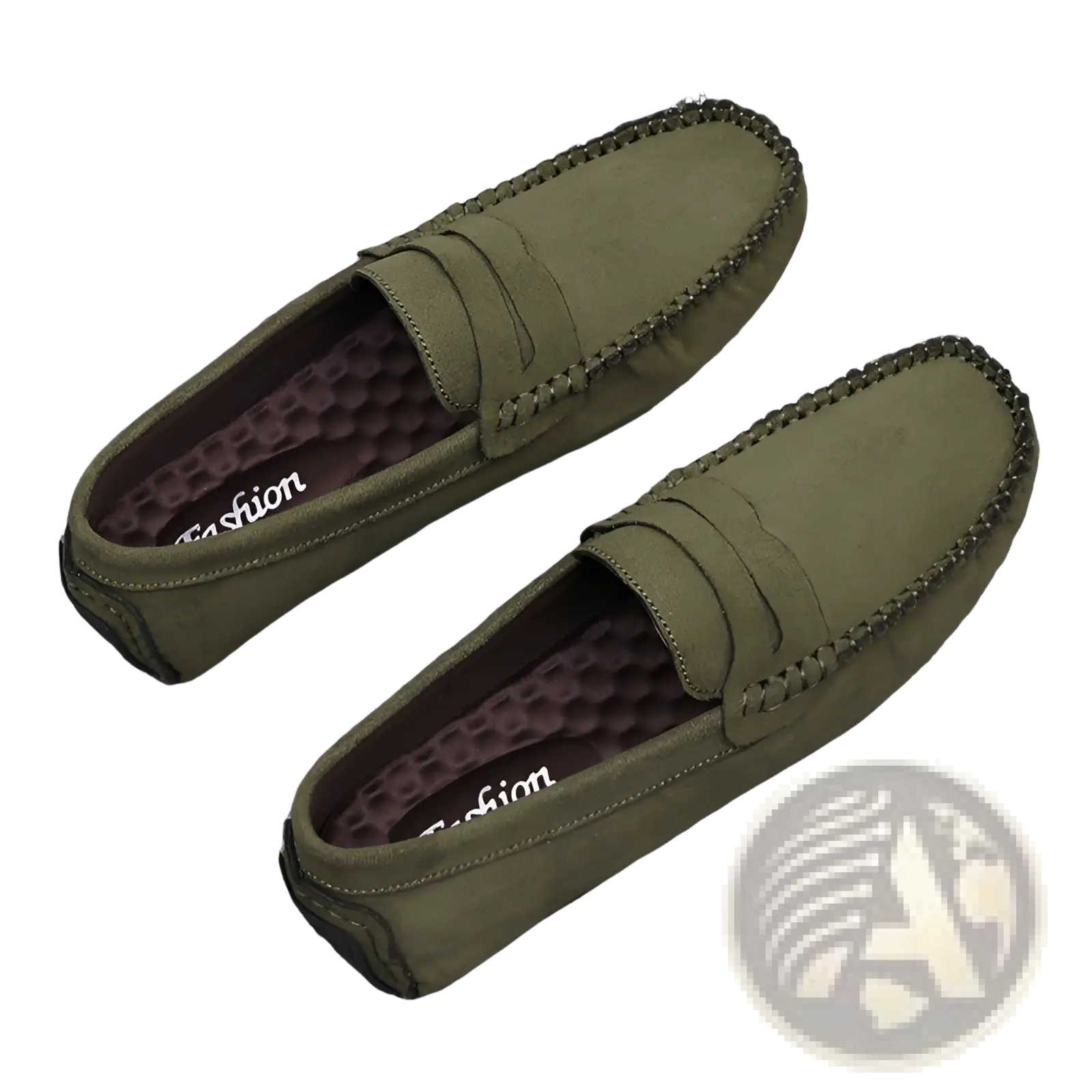 Olive green hand-stitched suede loafers with stitched detailing and textured velvet inner lining for comfortable wear