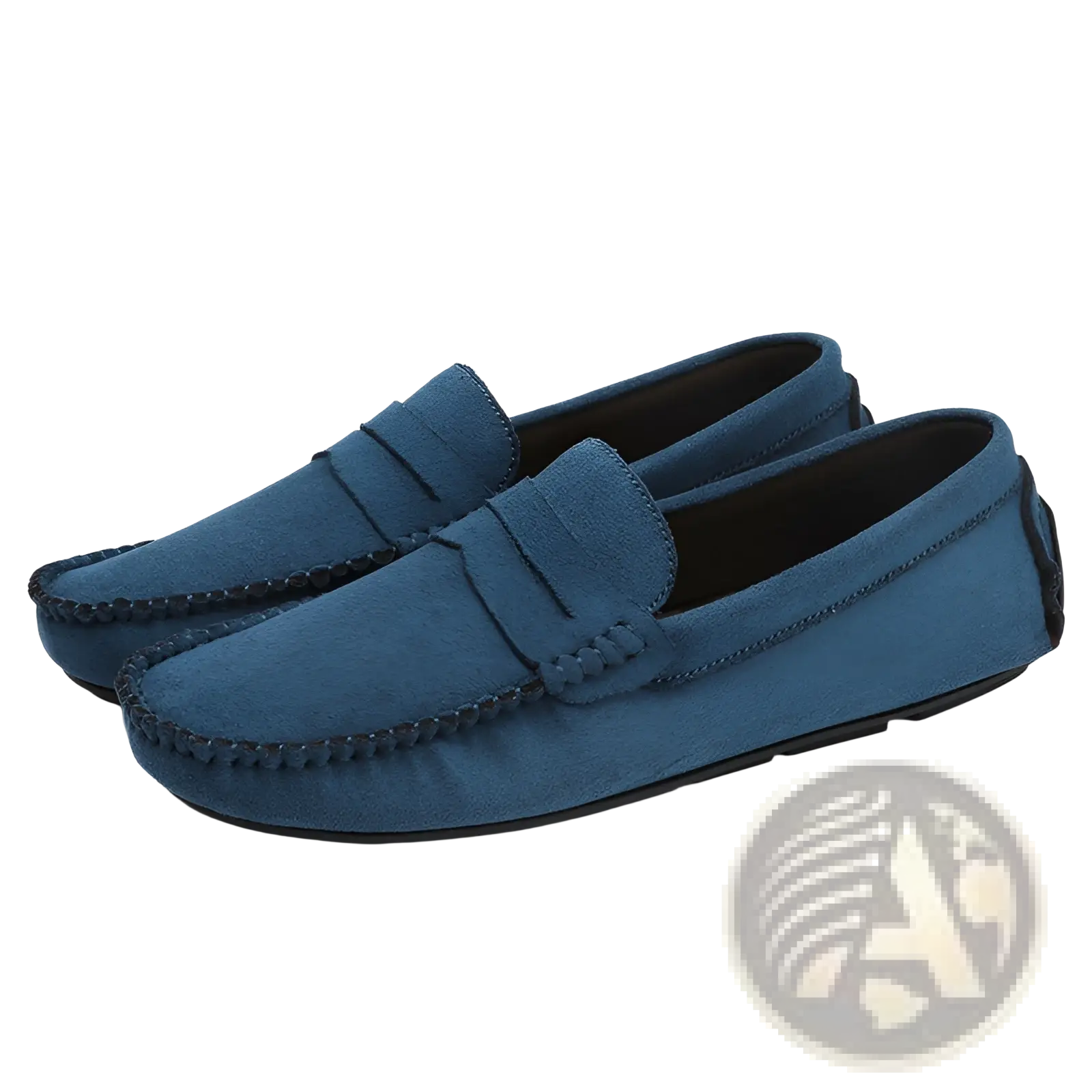 Hand-stitched suede blue loafers with black stitching and classic moccasin design in handmade velvet shoes style