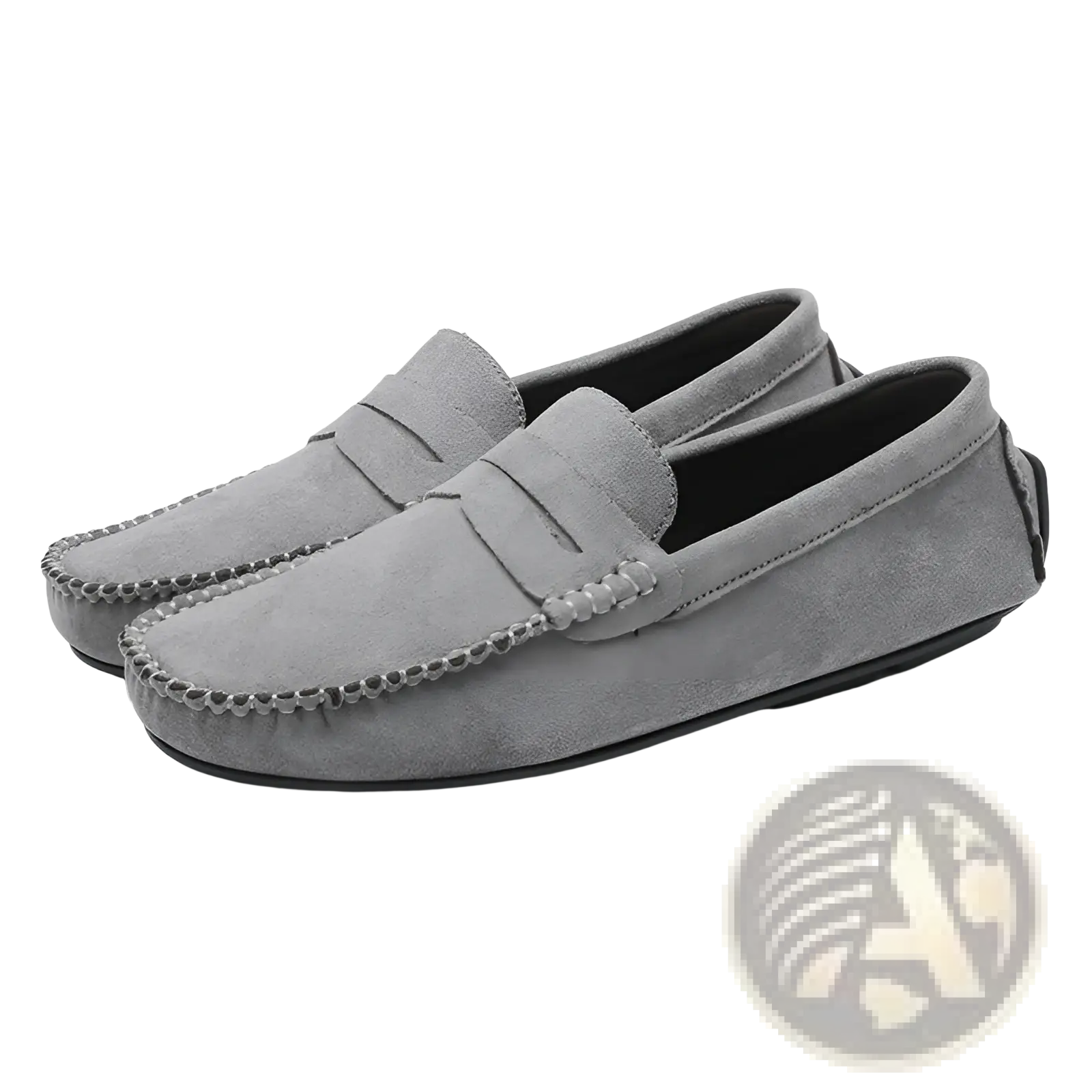 Gray suede hand-stitched loafers with classic moccasin design and black rubber soles handmade velvet shoes