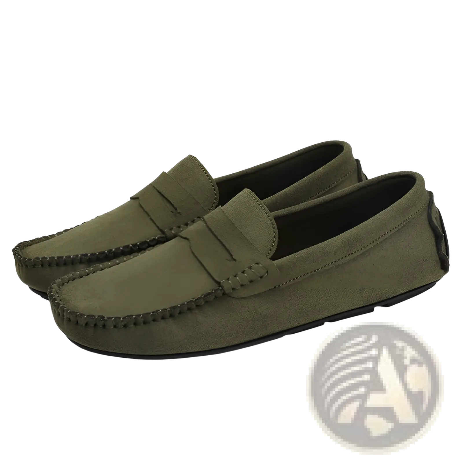 Olive green hand-stitched suede loafers with black stitching and classic moccasin design handmade velvet shoes