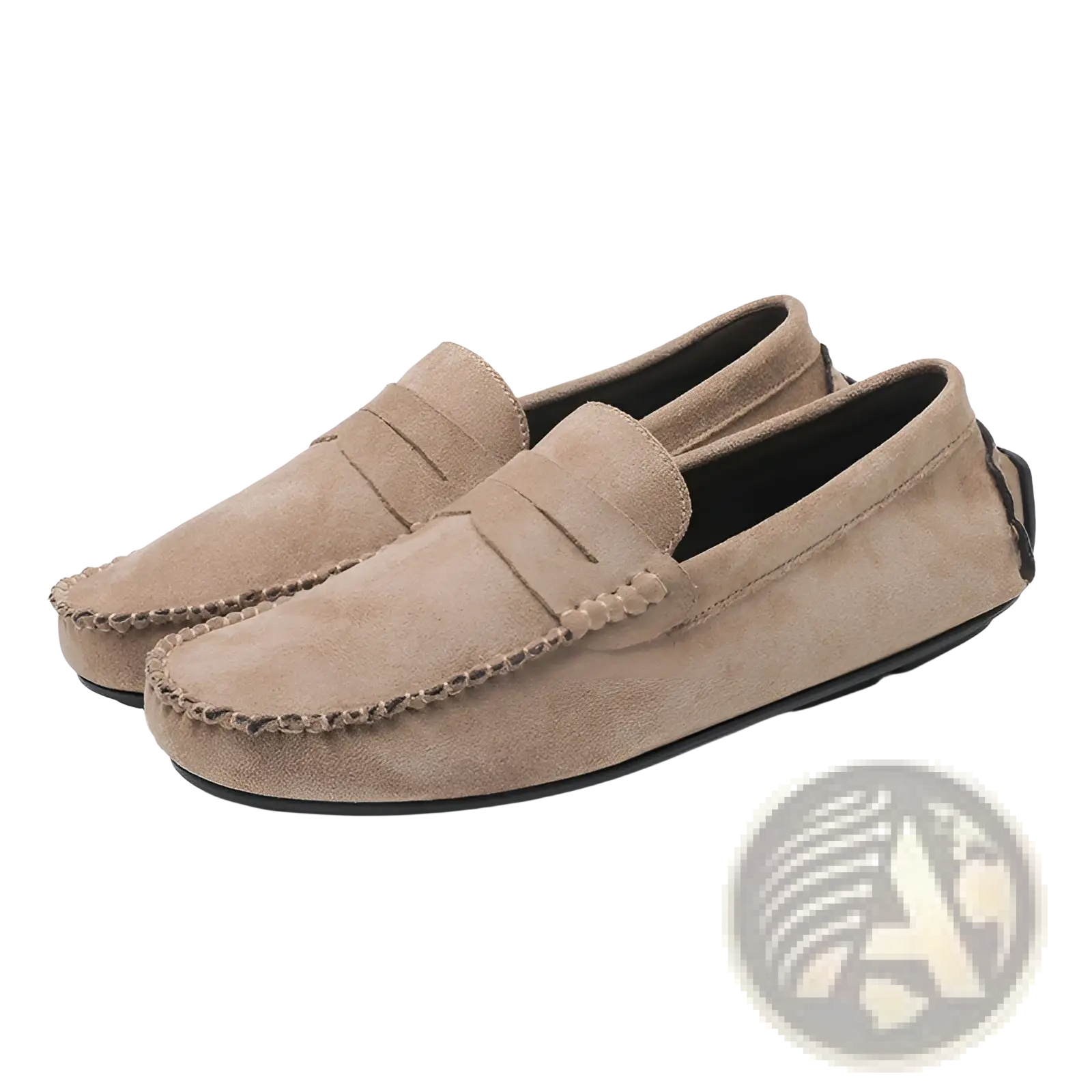 Beige hand-stitched suede loafers with classic moccasin design and black rubber soles handmade velvet shoes