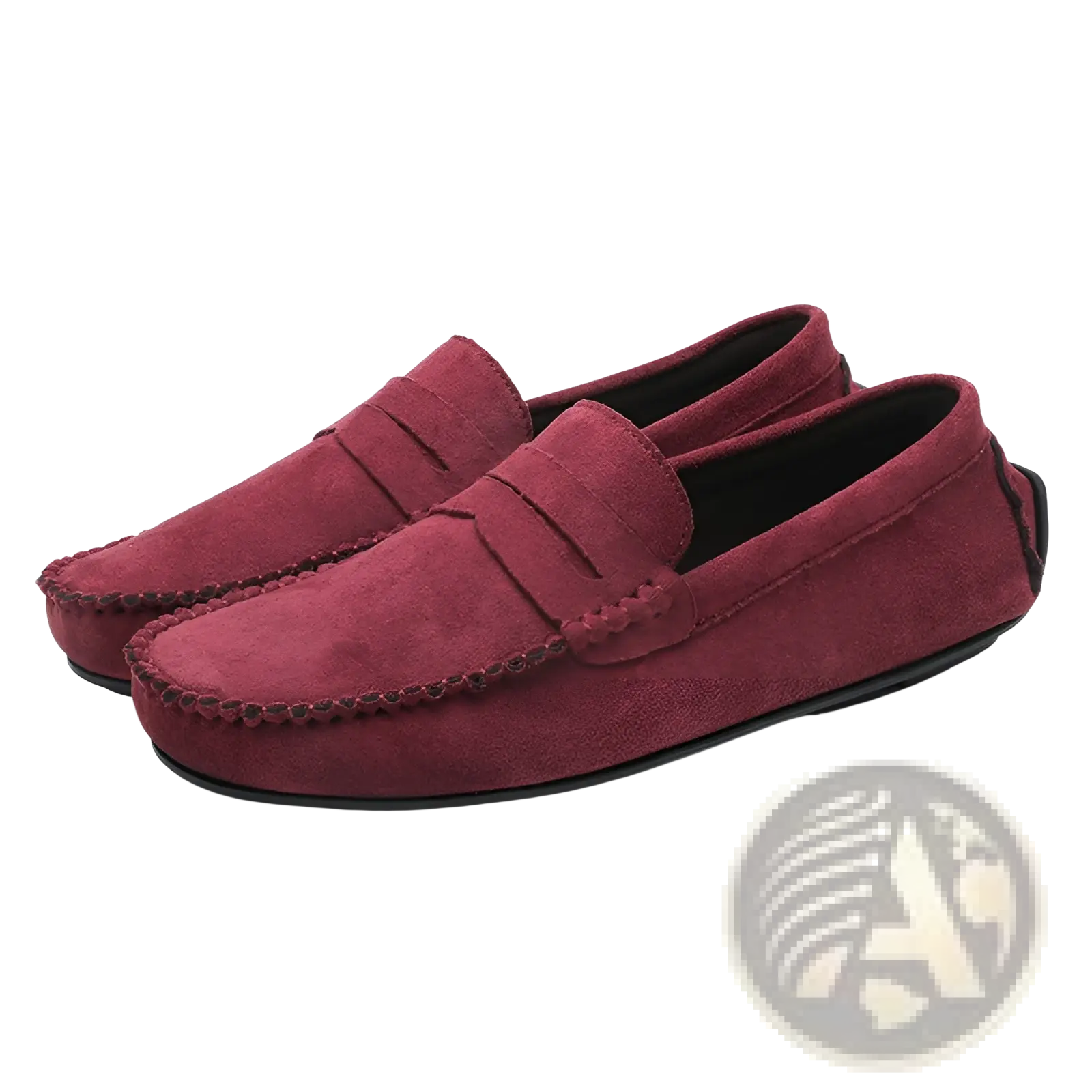 Hand-stitched deep red suede loafers with classic moccasin design and black rubber soles handmade velvet shoes