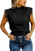 Black hand-woven sleeveless knit sweater vest with braided texture and fringed shoulder details