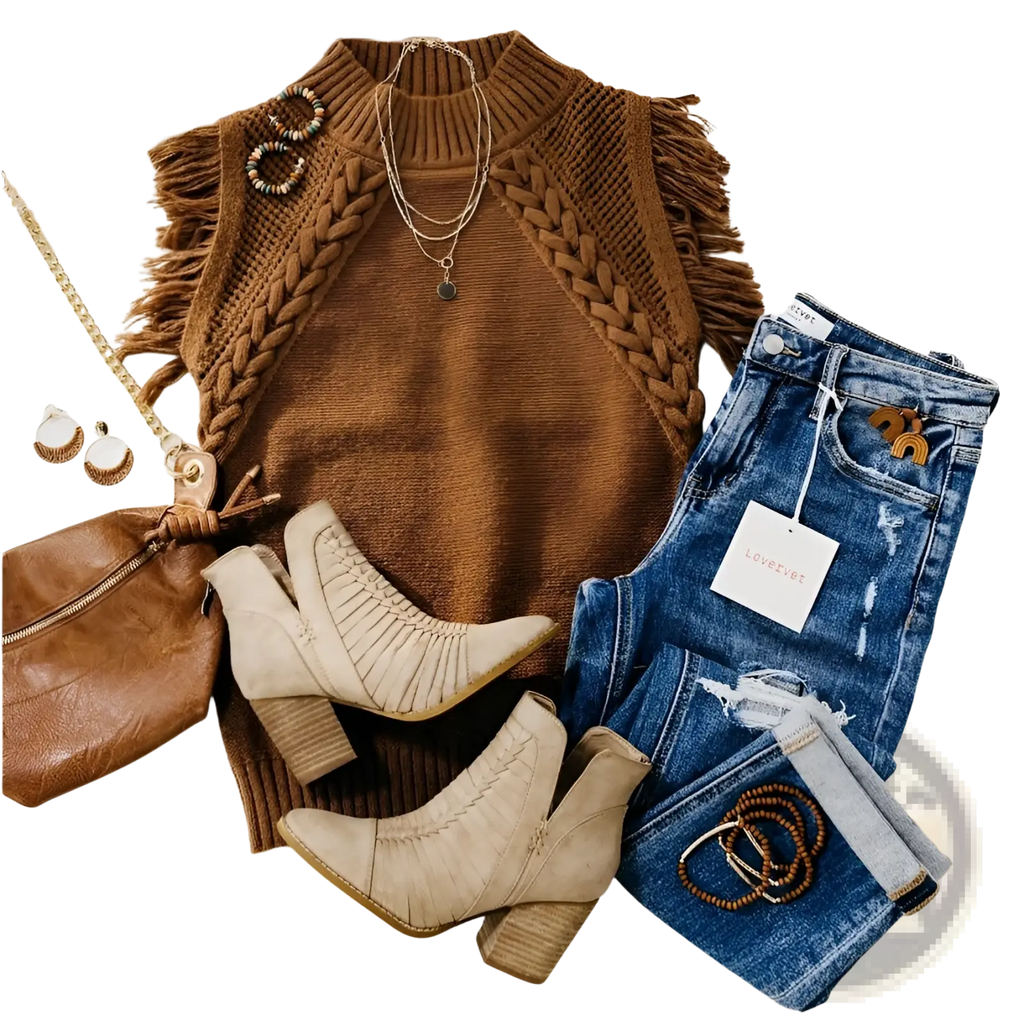 Brown hand-woven fringed sleeveless knit sweater vest with braided shoulder panels made of knit fabric
