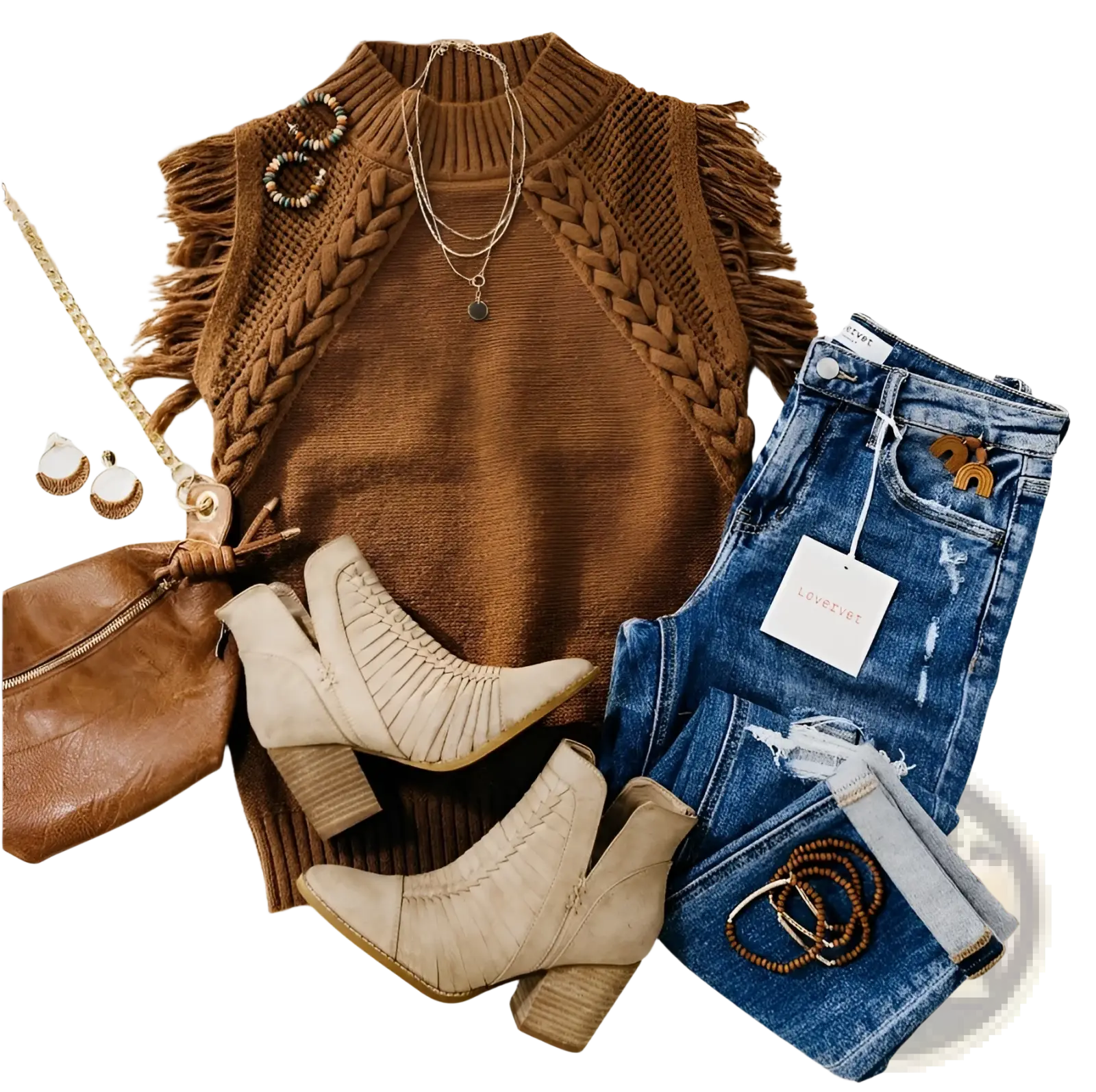 Brown hand-woven fringed sleeveless knit sweater vest with braided shoulder panels made of knit fabric