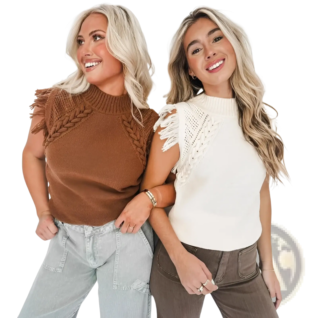 Two women wearing hand-woven fringed sleeveless knit sweater vests in brown knitted and white crochet fabrics
