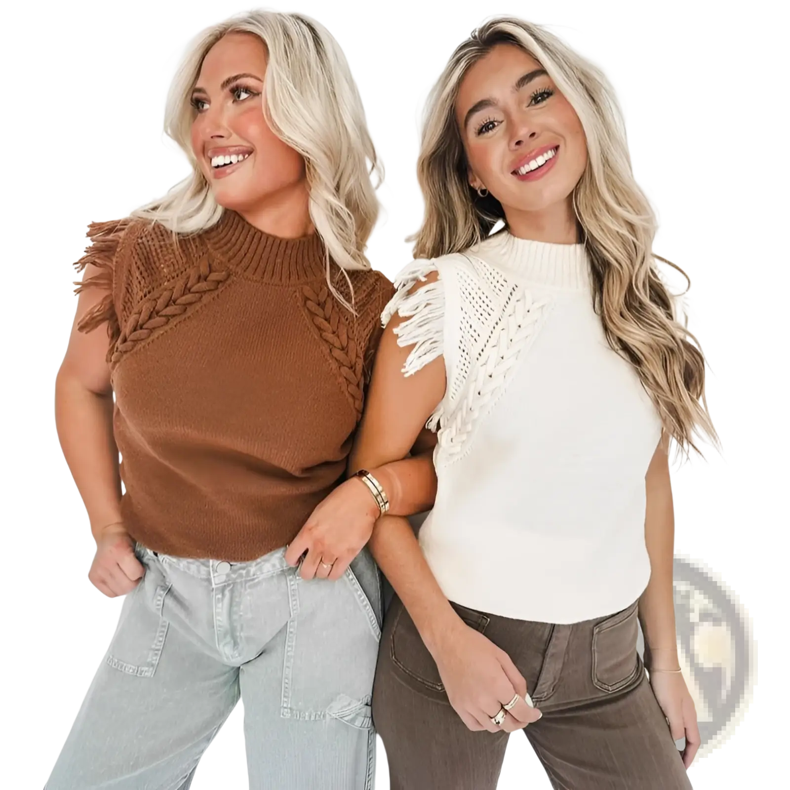 Two women wearing hand-woven fringed sleeveless knit sweater vests in brown knitted and white crochet fabrics