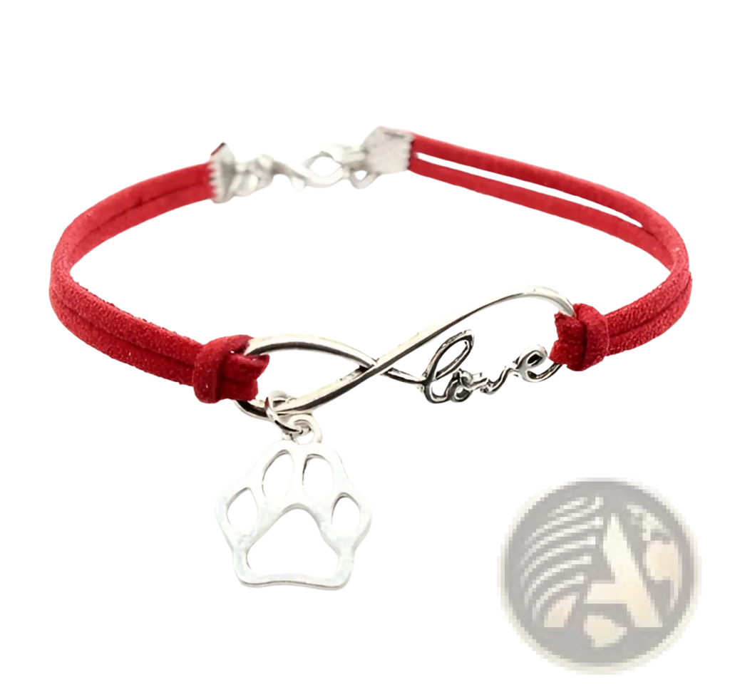 Hand-woven red suede bracelet with silver infinity love charm and dangling paw print pendant for pet lovers