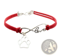Hand-woven red suede bracelet with silver infinity love charm and dangling paw print pendant for pet lovers