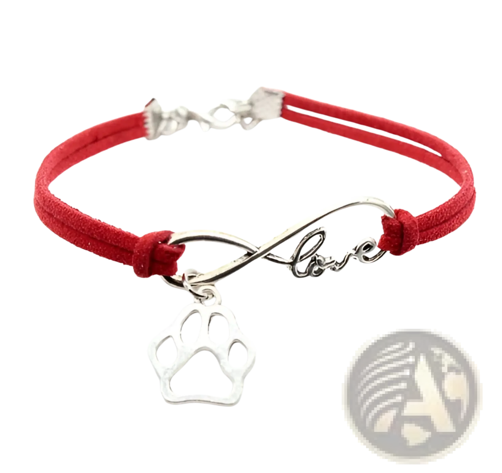 Hand-woven red suede bracelet with silver infinity love charm and dangling paw print pendant for pet lovers