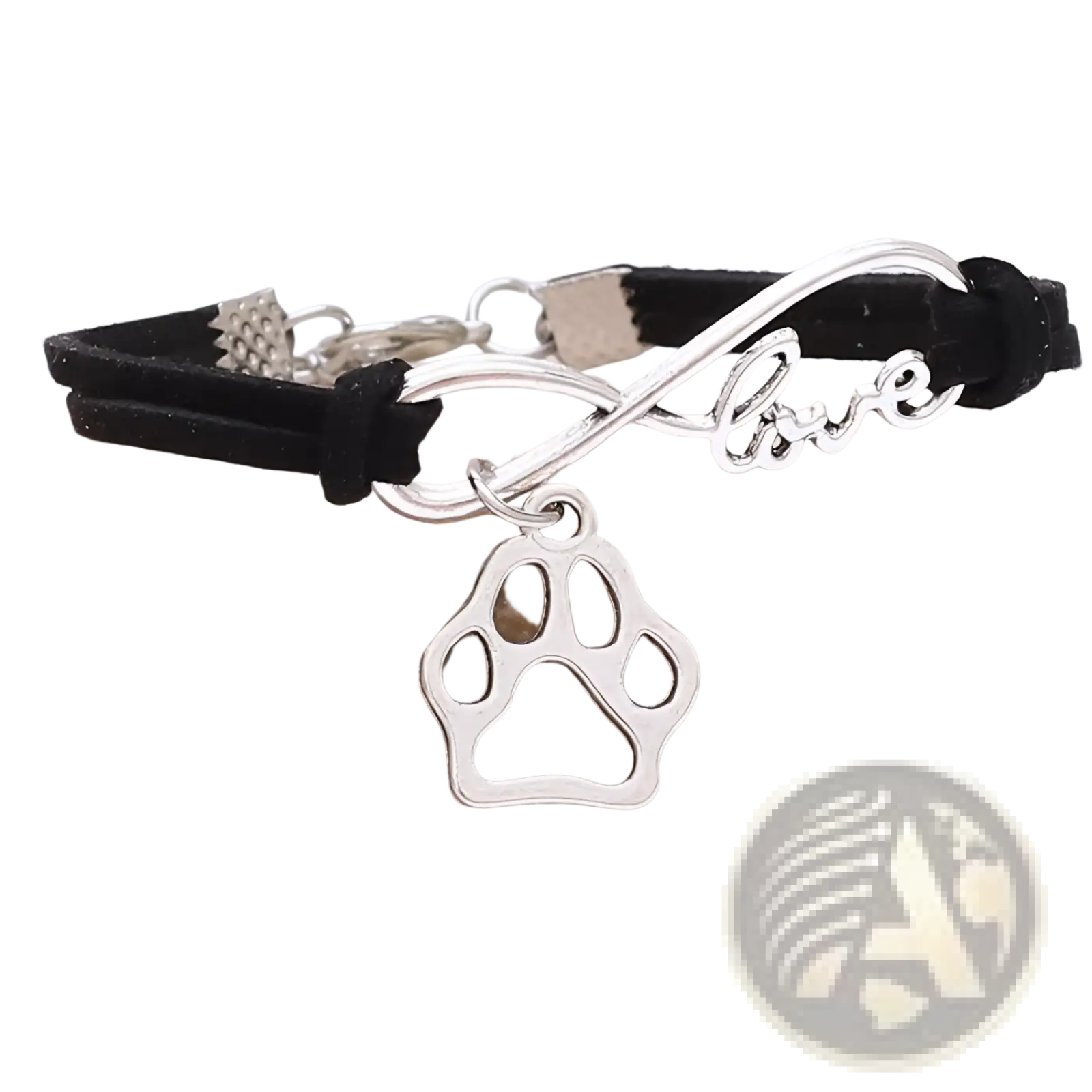 Black suede hand-woven bracelet with silver infinity charm engraved love and paw print pendant for pet lovers
