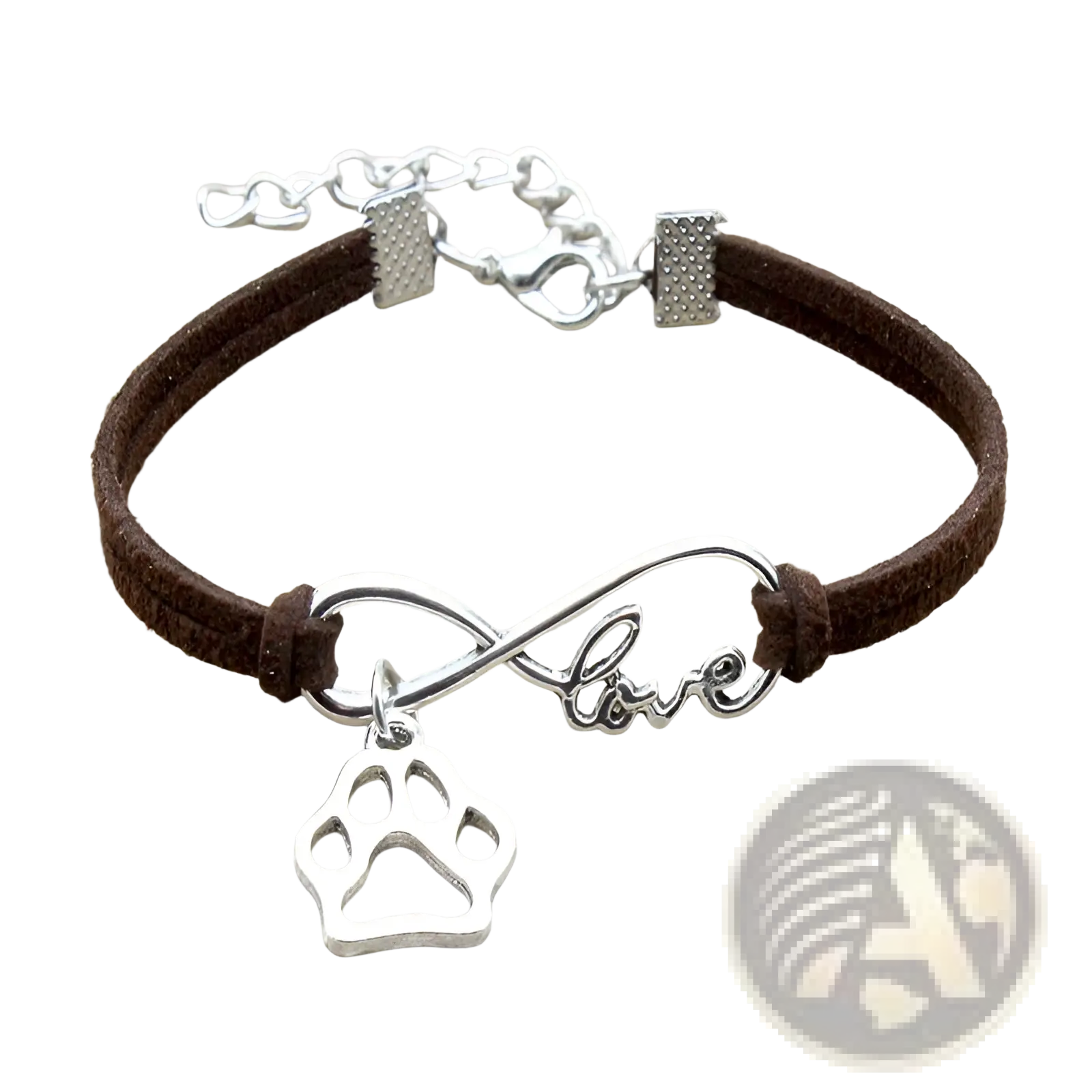 Brown suede hand-woven bracelet with silver infinity charm engraved with love and a dangling paw print pendant