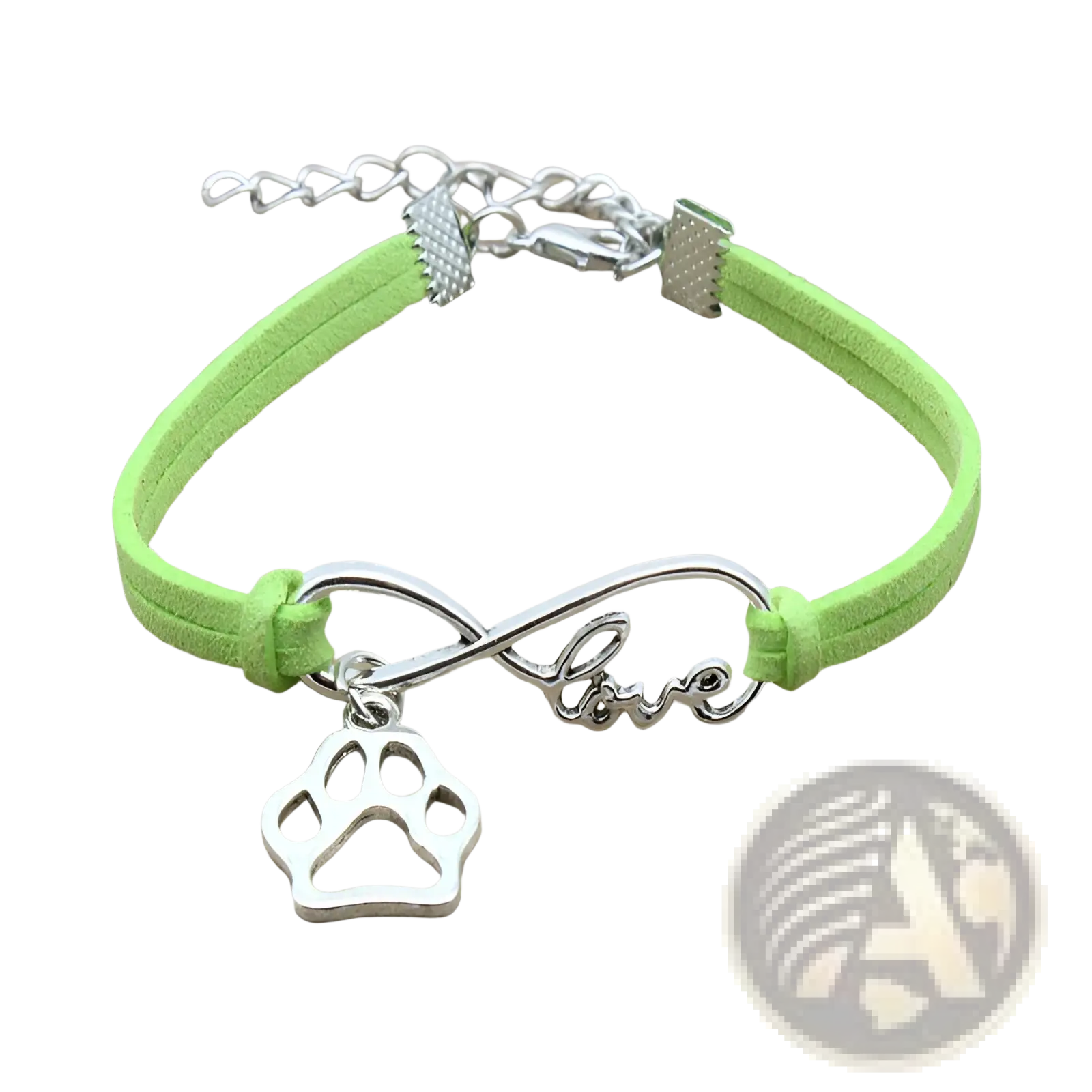 A lime green hand-woven suede bracelet with a silver infinity love charm and matching paw print pendant