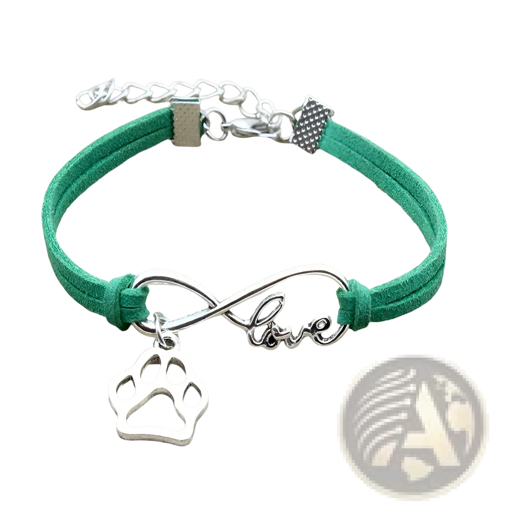 Green suede hand-woven bracelet with silver infinity charm engraved with love and a paw print pendant