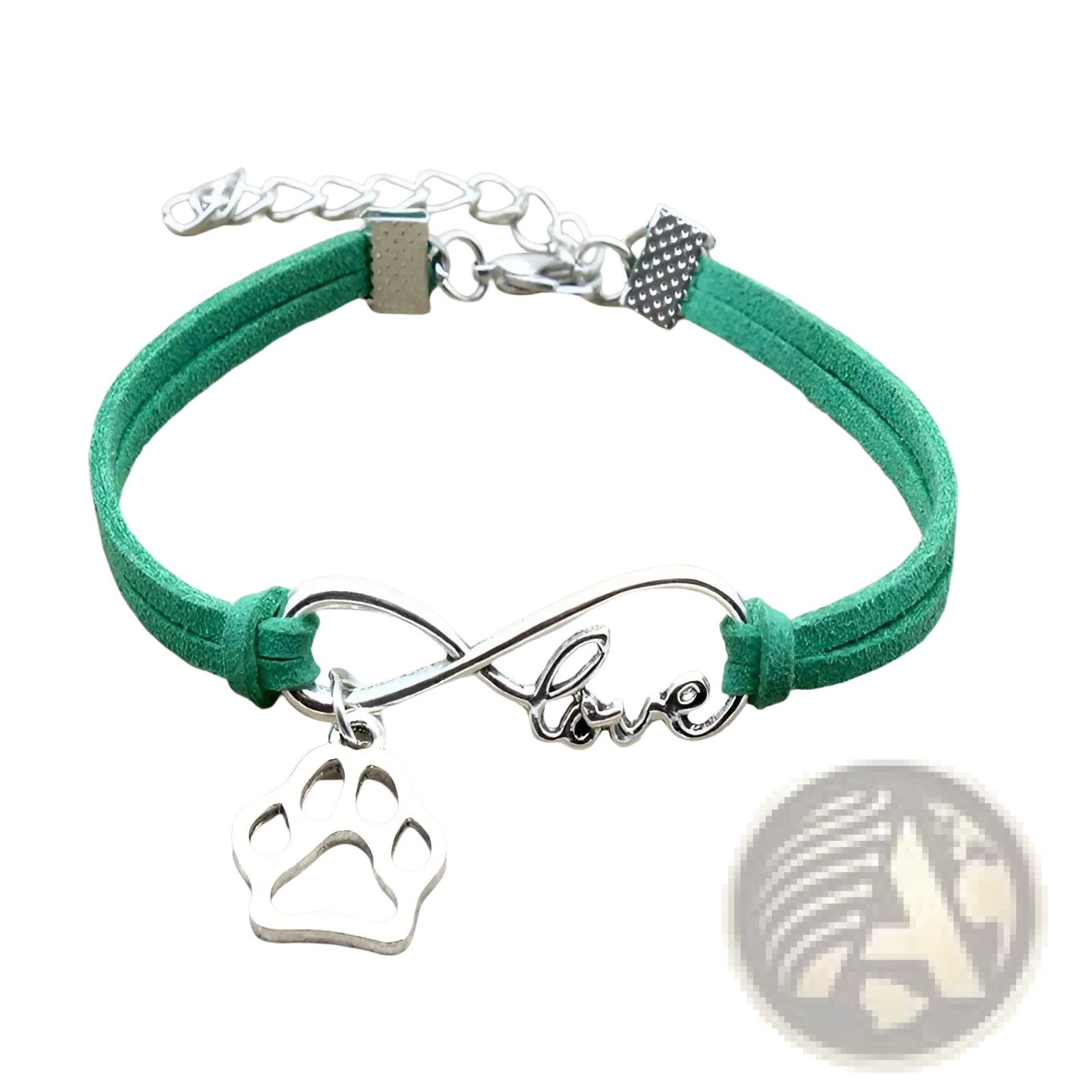 Green suede hand-woven bracelet with silver infinity charm engraved with love and a paw print pendant