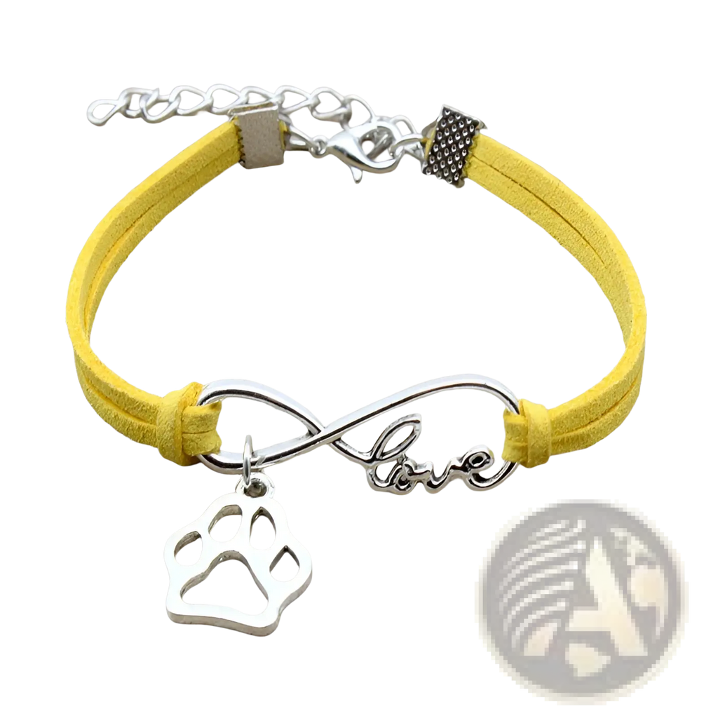 Yellow suede hand-woven infinite love pet paw bracelet with silver infinity charm engraved with love and paw print pendant