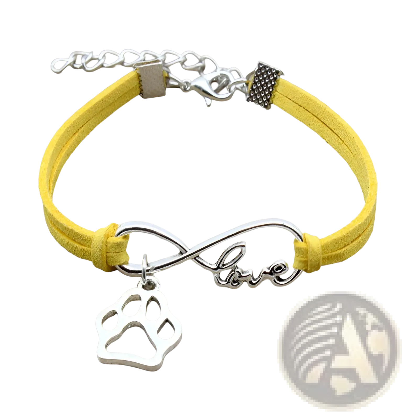 Yellow suede hand-woven infinite love pet paw bracelet with silver infinity charm engraved with love and paw print pendant