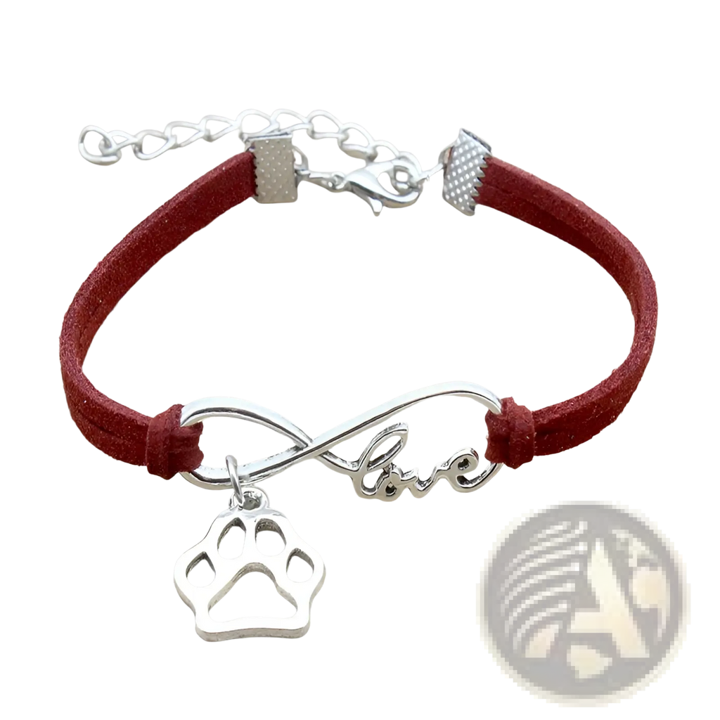 Red suede hand-woven bracelet with silver infinity charm engraved with love and a dangling paw print pendant
