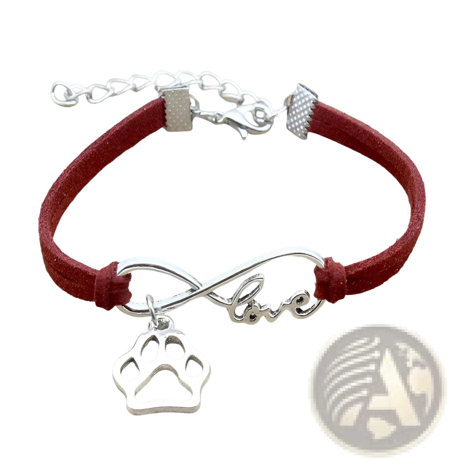 Red suede hand-woven bracelet with silver infinity charm engraved with love and a dangling paw print pendant