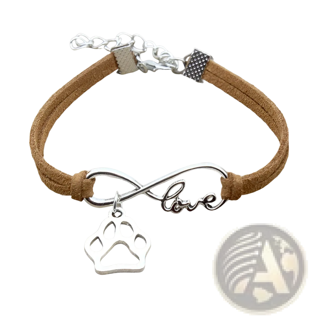 Hand-woven infinite love pet paw suede bracelet featuring a silver infinity charm with paw print and tan suede cord
