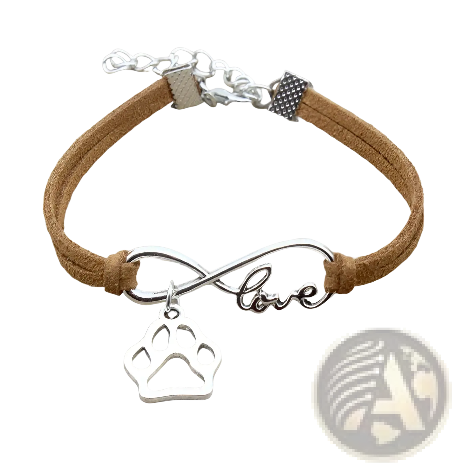 Hand-woven infinite love pet paw suede bracelet featuring a silver infinity charm with paw print and tan suede cord