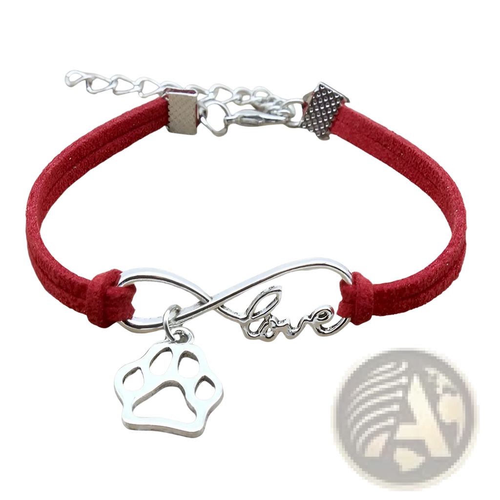 Red suede hand-woven bracelet with silver infinity charm engraved love and a silver paw print pendant