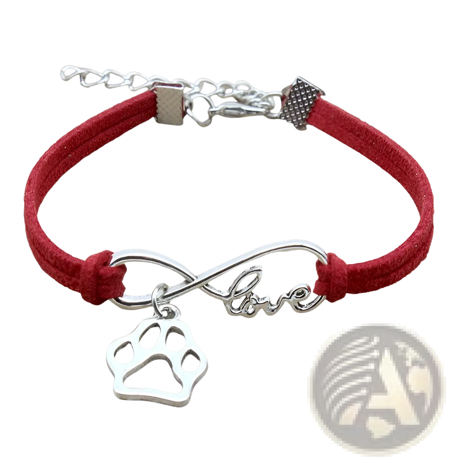 Red suede hand-woven bracelet with silver infinity charm engraved love and a silver paw print pendant