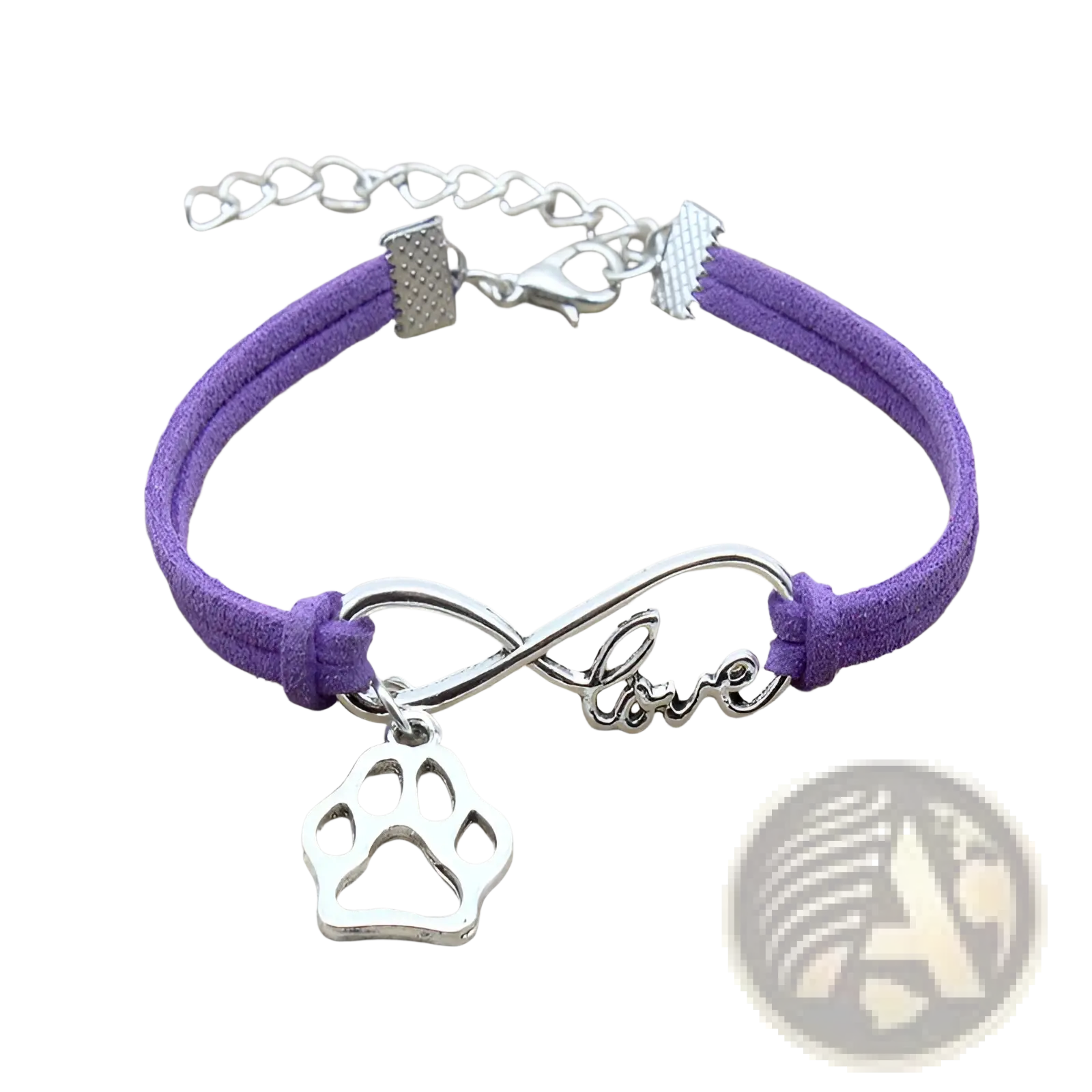 Purple suede bracelet hand-woven with silver infinity charm engraved love and dangling paw print pendant