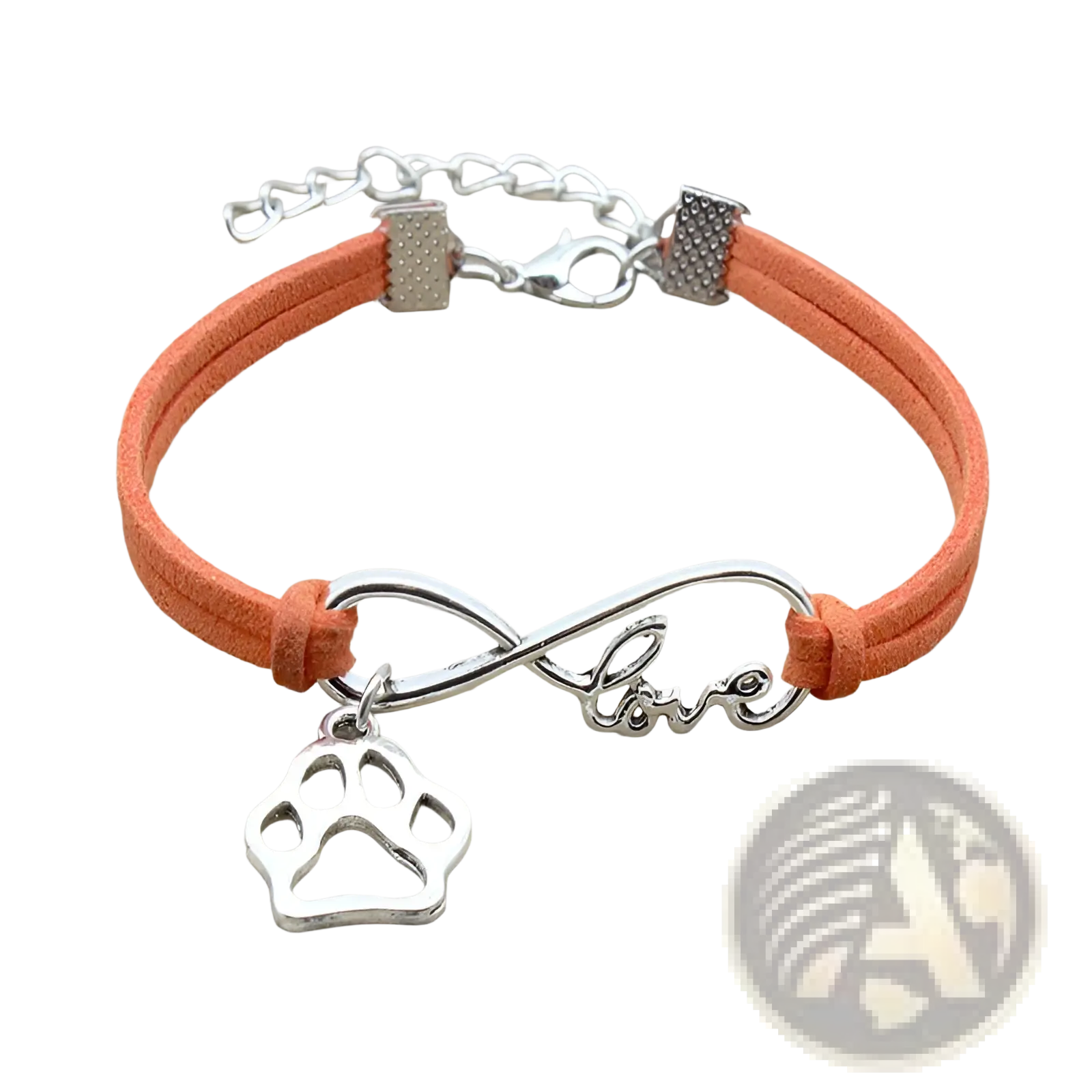 Orange suede hand-woven infinite love bracelet with silver infinity charm engraved with love and paw print pendant