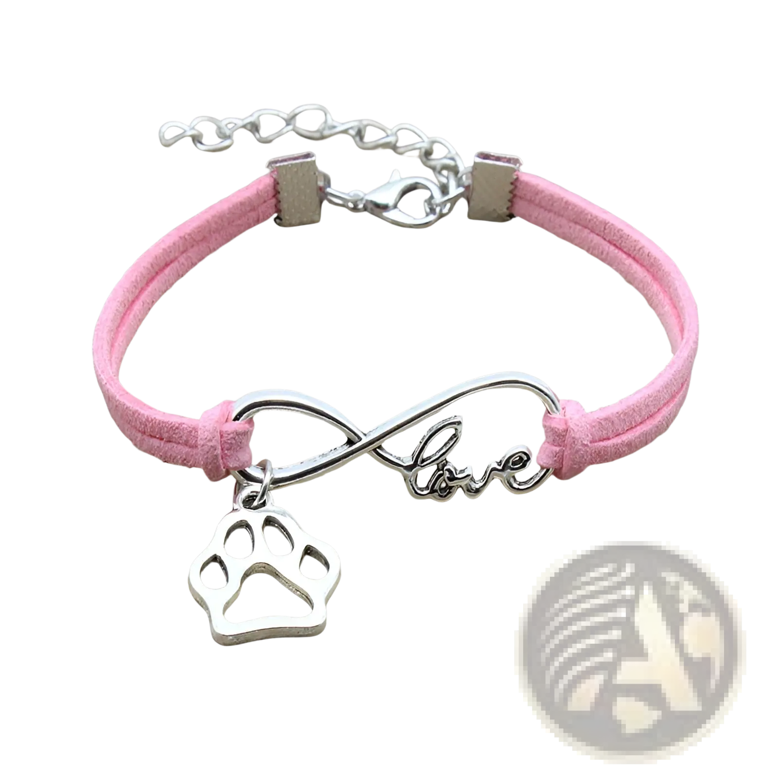 Pink suede cord bracelet with silver infinity charm engraved with love and dangling paw print pendant for pet lovers