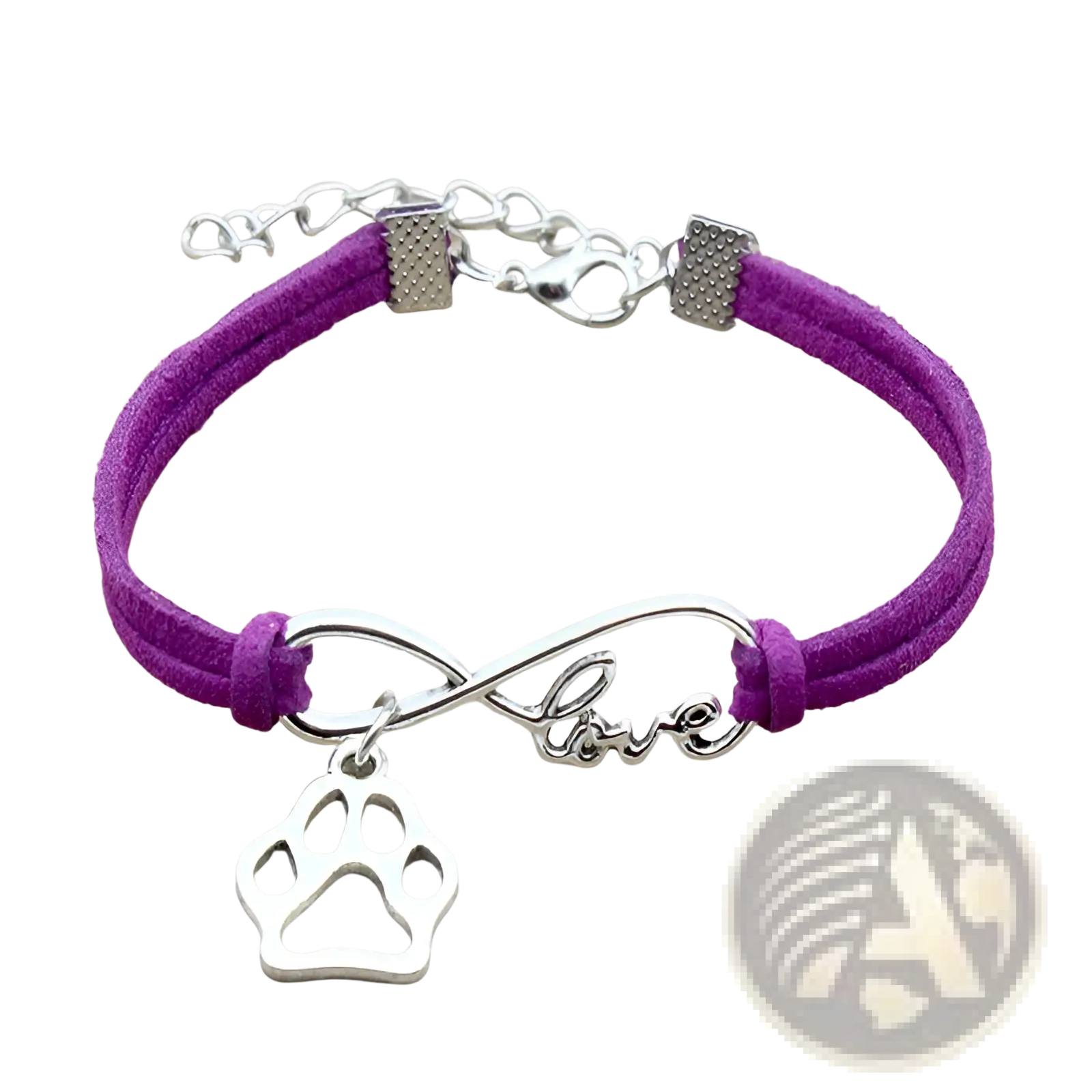 Purple suede hand-woven bracelet with silver infinity charm engraved with love and a paw print pendant