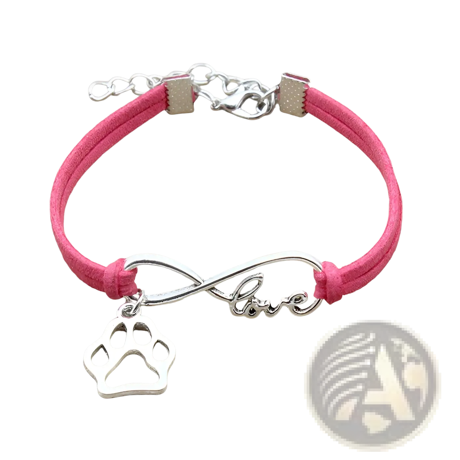 Pink suede hand-woven bracelet with silver infinity charm engraved with love and a paw print pendant for pet lovers
