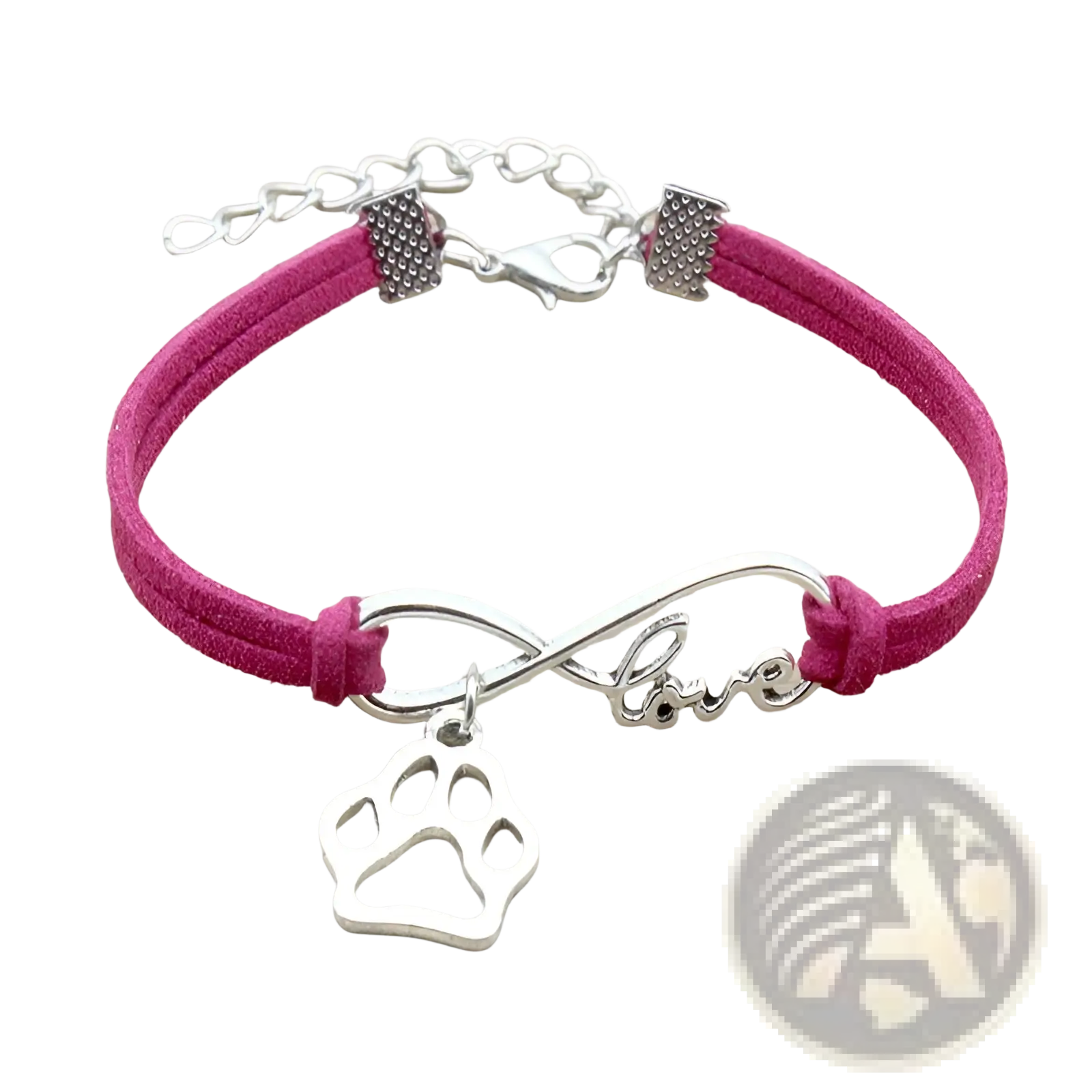 Hand-woven pink suede bracelet with silver infinity love charm and paw print pendant secured by silver clasp