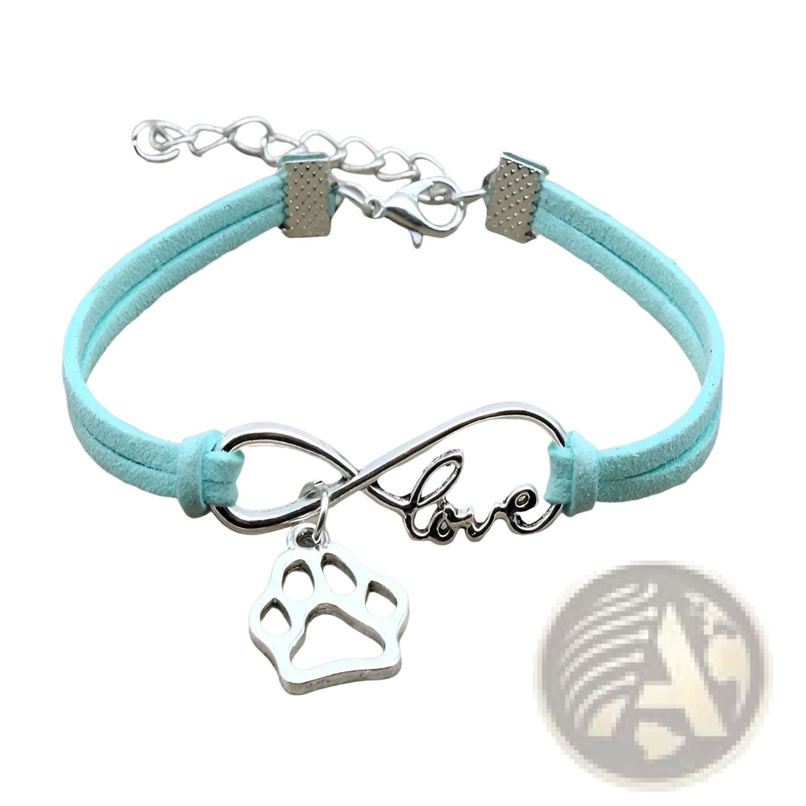 Hand-woven infinite love pet paw suede bracelet in mint green with a silver infinity love charm and paw print pendant