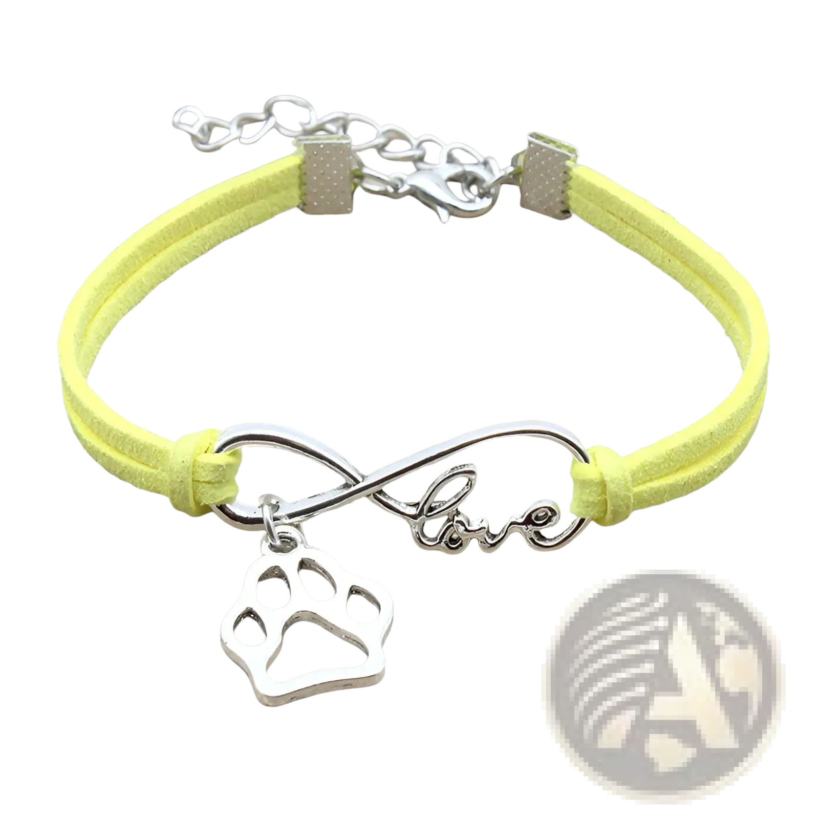 Hand-woven yellow suede bracelet with silver infinity love charm and matching paw print pendant for pet lovers